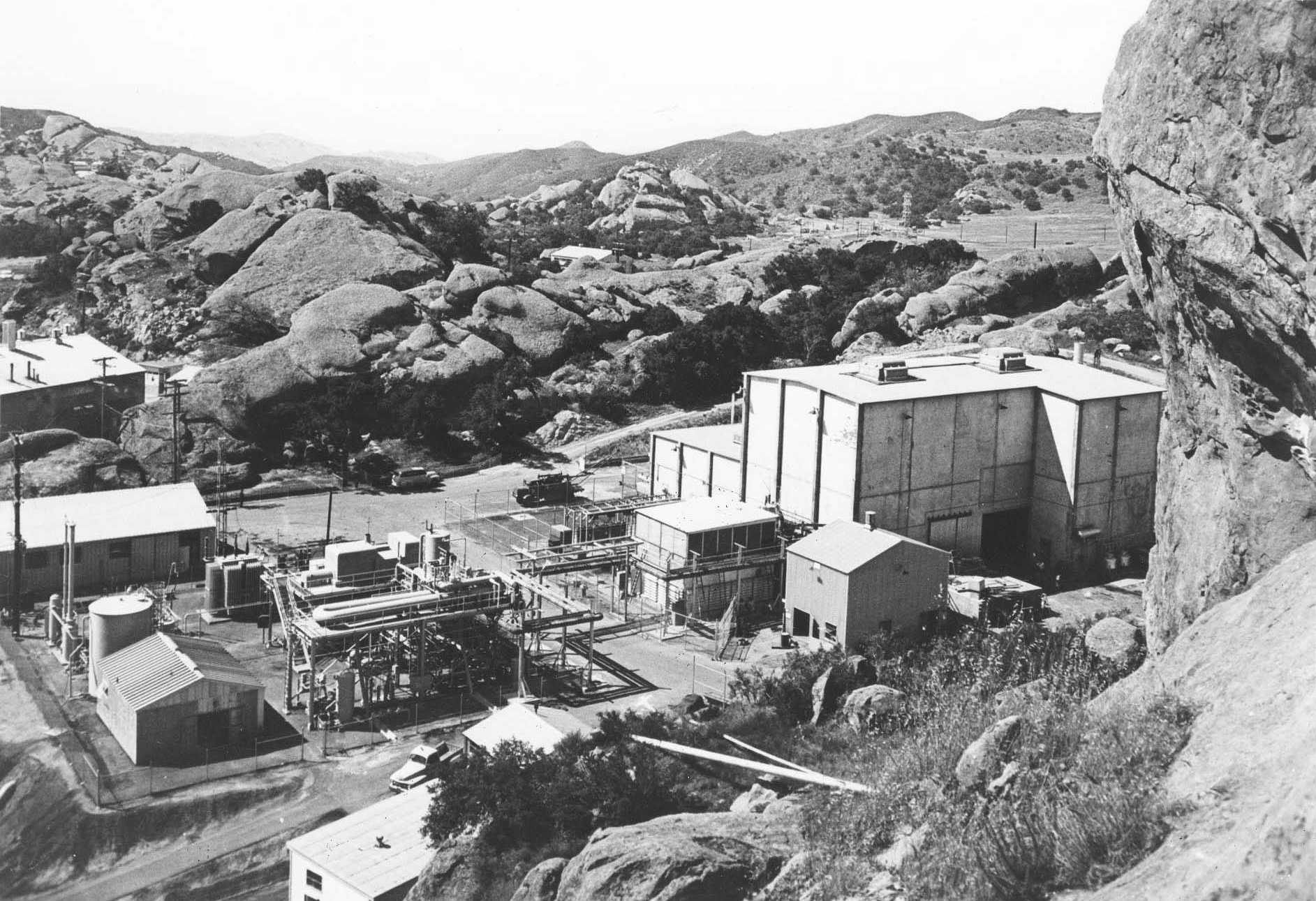Historic black-and-white view of the Sodium Reactor Experiment facility